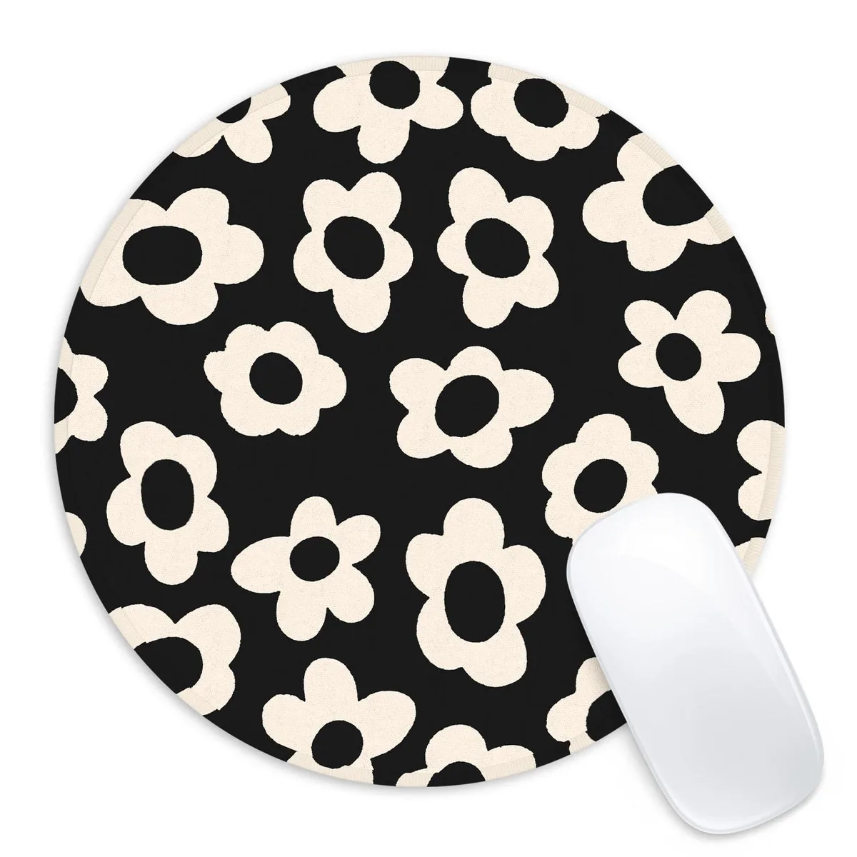 White floral round mouse pad on rubber base, 8.7 inches diameter