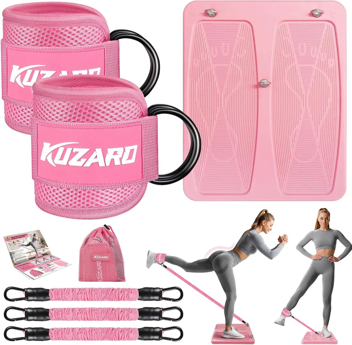 A flat board with padded ankle straps and resistance bands attached