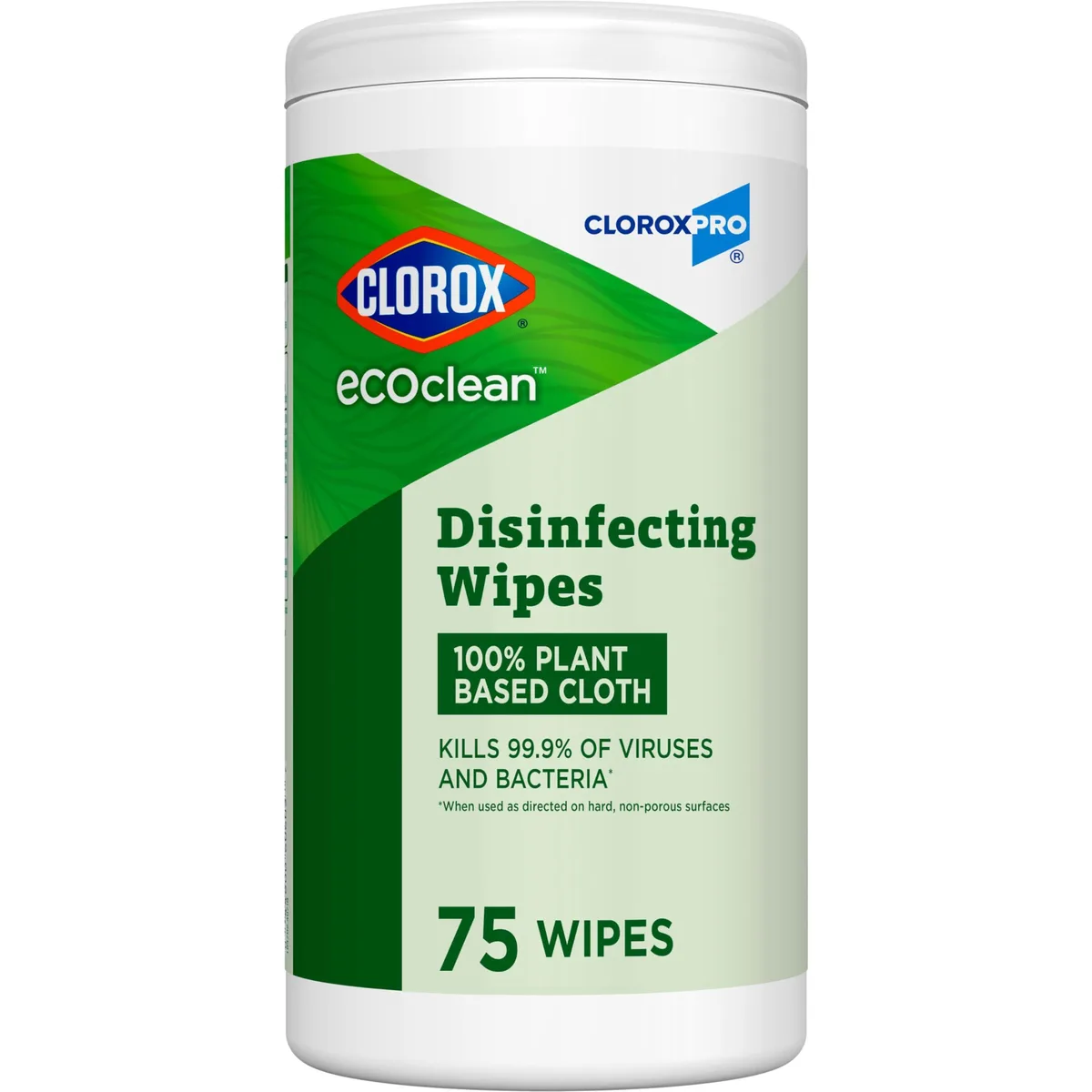 White cylindrical canister with Clorox EcoClean branding, 75-count disinfecting wipes visible through lid opening