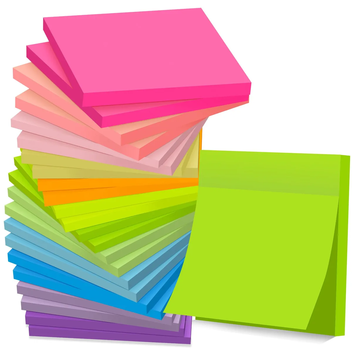 A stack of 24 square sticky-note pads in 12 bright colours, each pad 3 by 3 inches