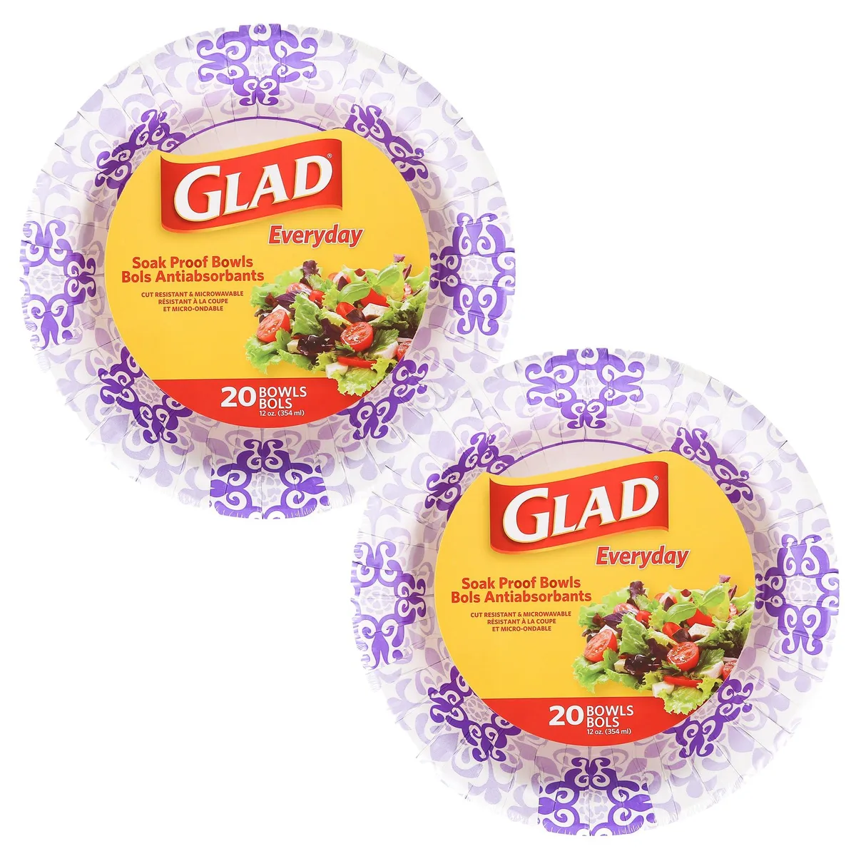 Round disposable paper bowls, purple Victorian floral design, 12 oz, 20 count, 2 pack