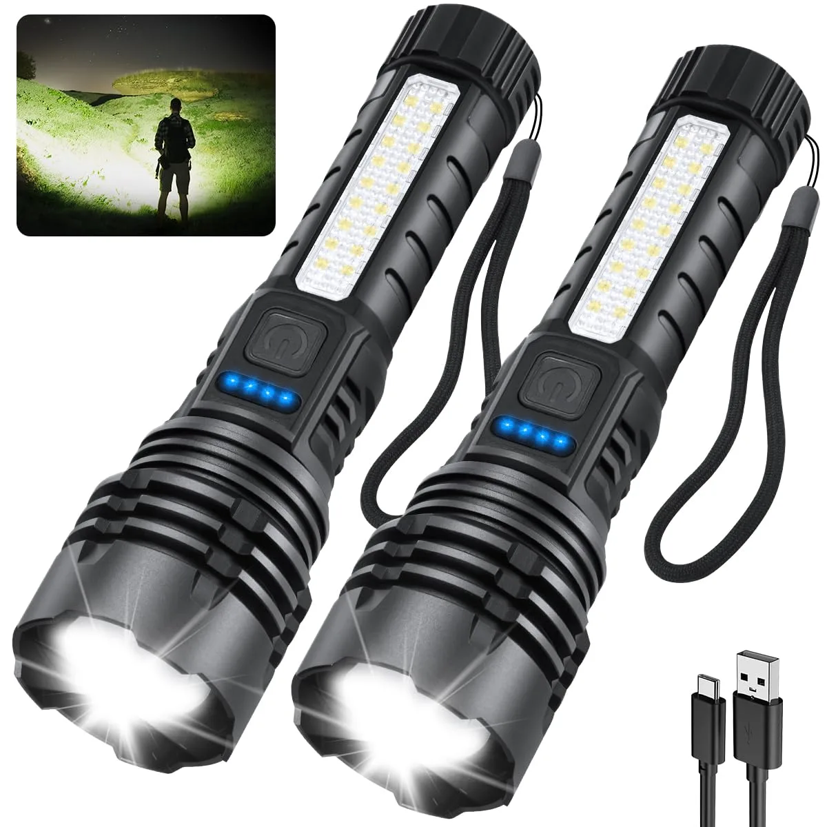 Two compact aluminium flashlights with adjustable heads and USB charging ports