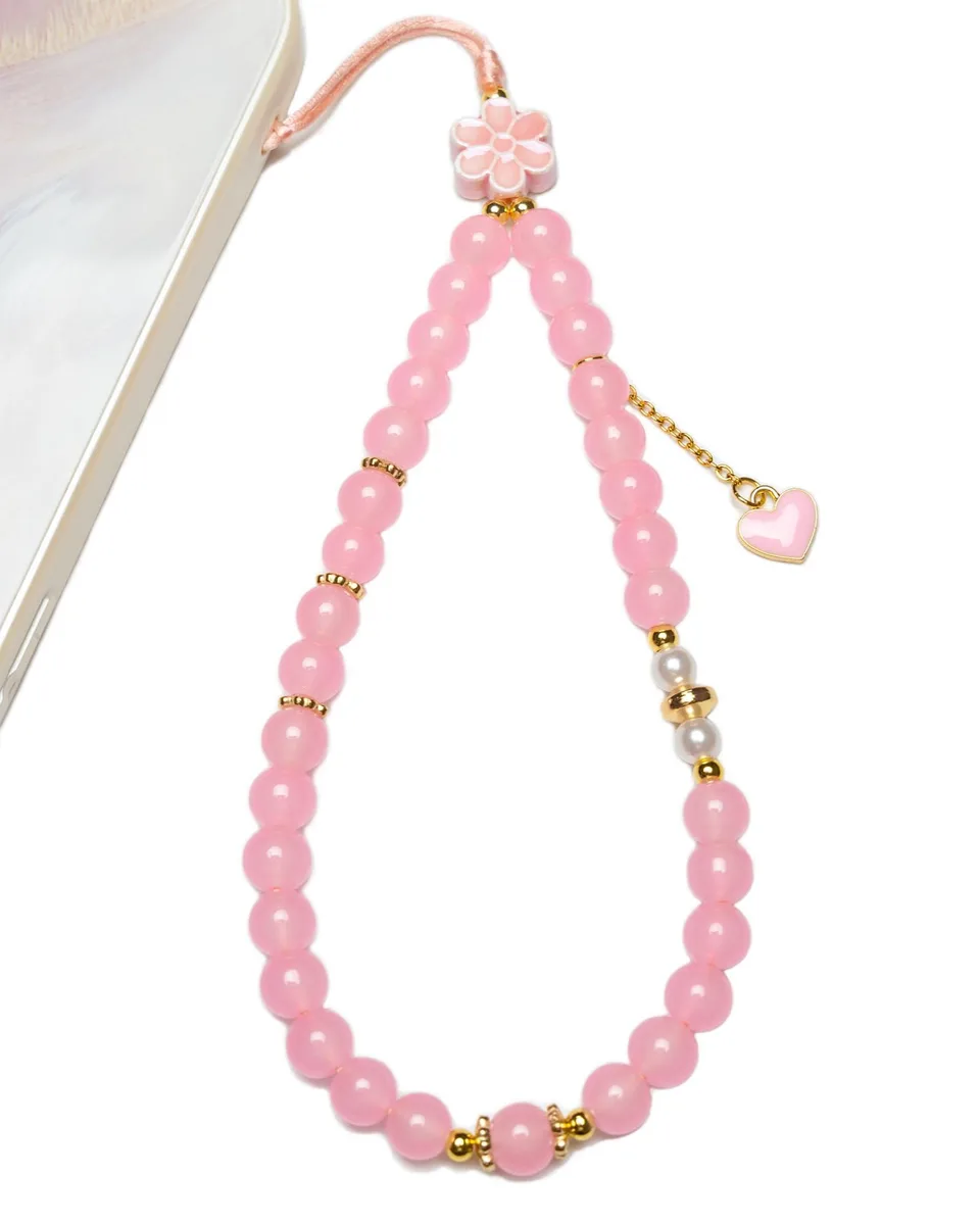 Pink pearl glass bead wrist strap with gold spring ring clasp