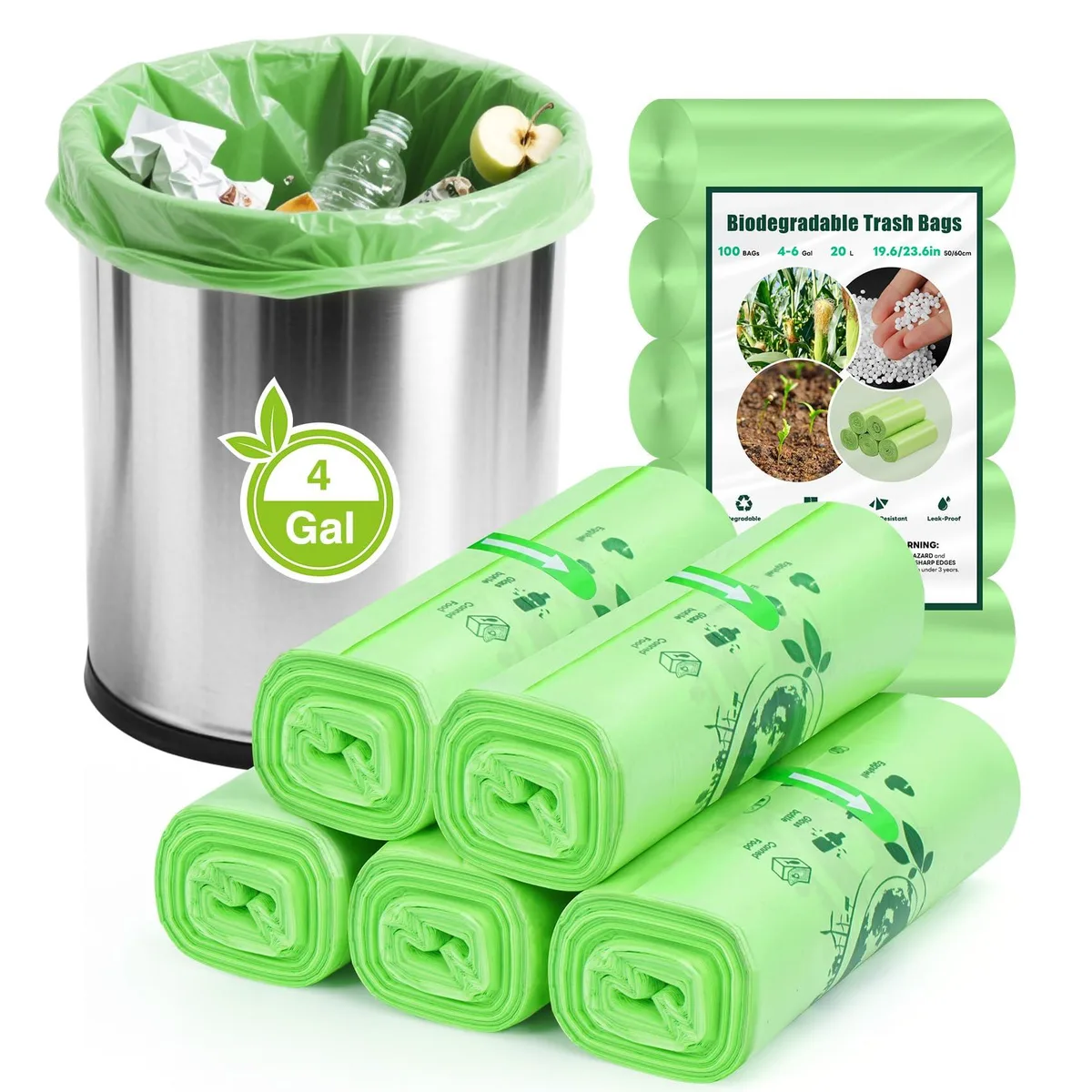 White roll of 120 small compostable trash bags 19.7 by 23.6 inches