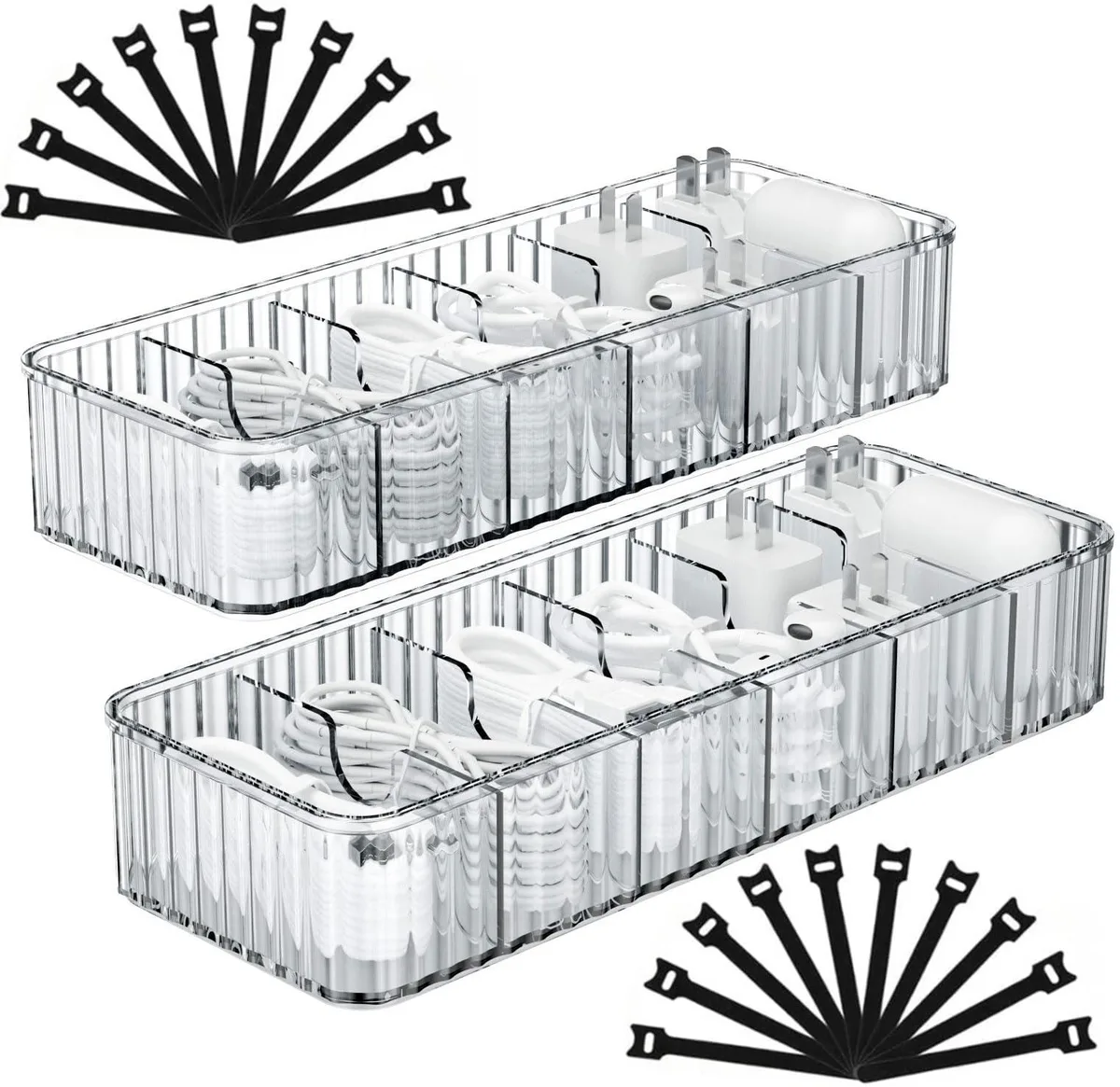 Two clear stackable cable boxes with U-grooves and 20 ties