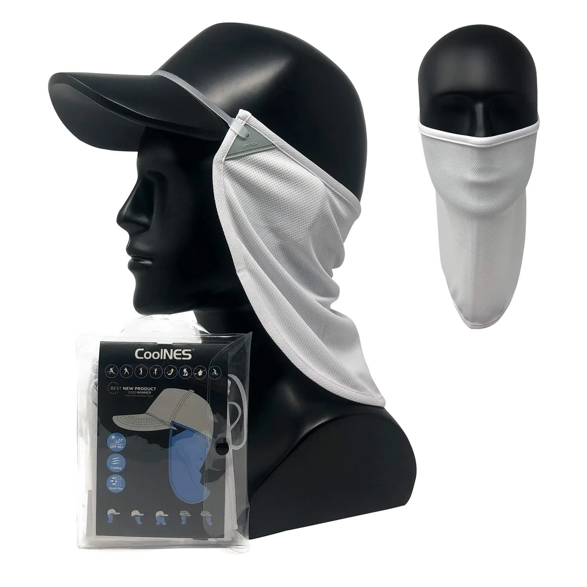 White fabric neck drape with black letter pattern and two silicone headbands
