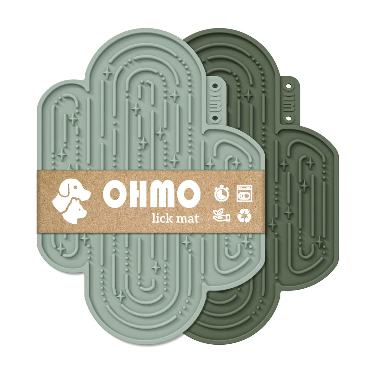 Two cactus-shaped silicone lick mats in green with suction cups