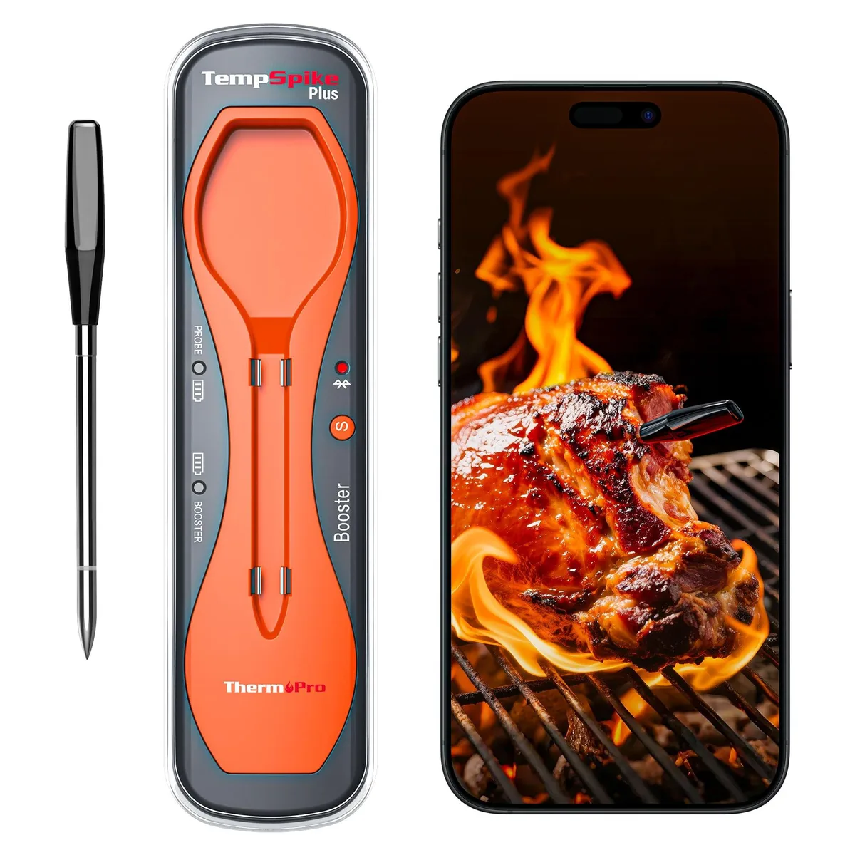 Dark orange wireless meat thermometer with ultra-thin probe and booster