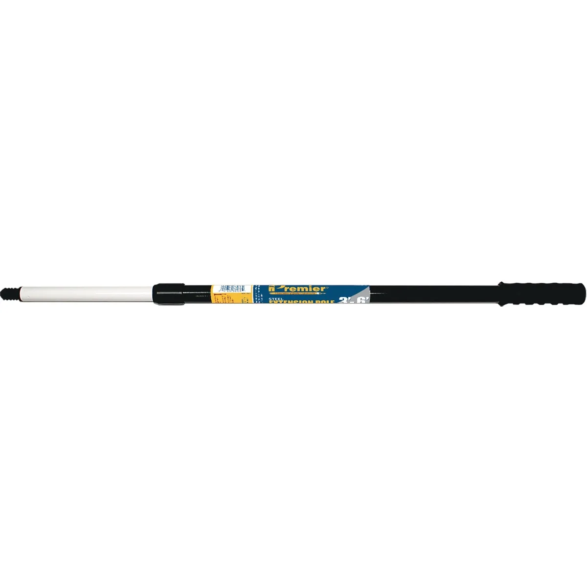 Black steel telescoping pole, extends from three to six feet, universal threaded plastic tip