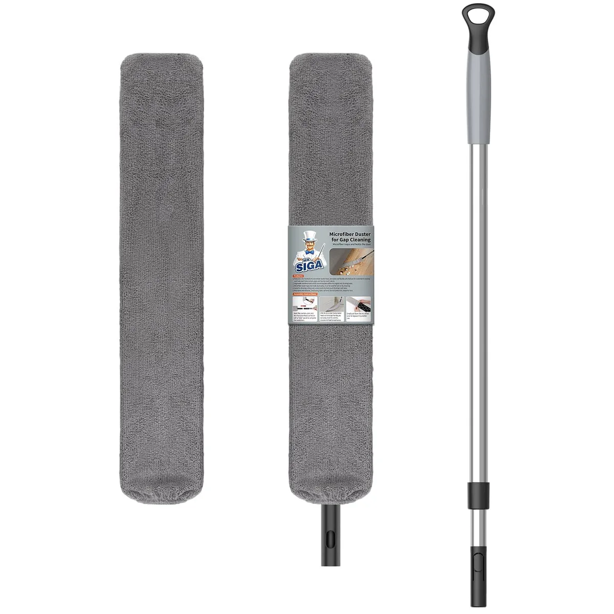 Gray microfiber duster with 19.7 inch head and telescopic stainless steel handle extending 46.9 to 65.7 inches