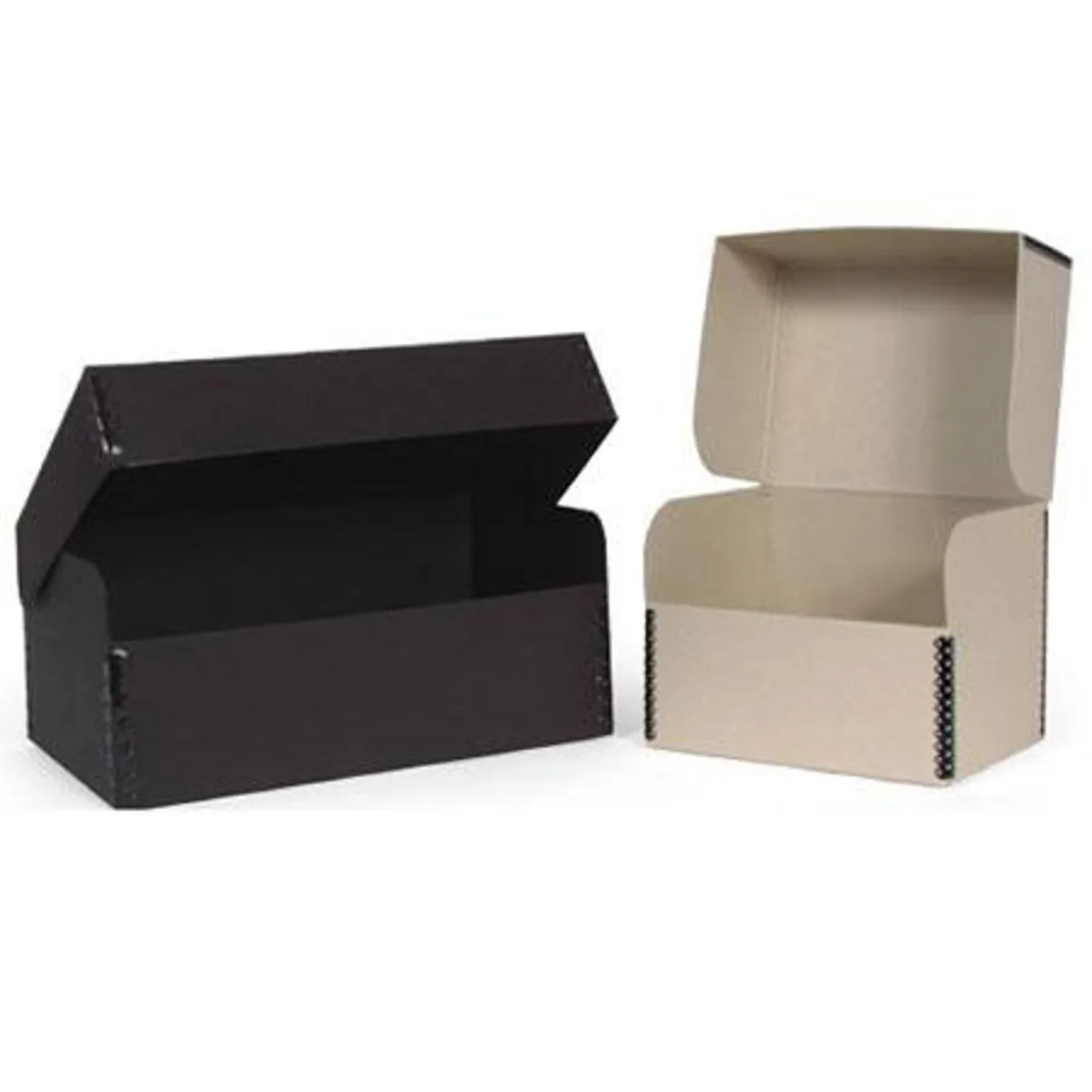 Black metal-edged hinged lid box, 12.25 by 7.5 inches