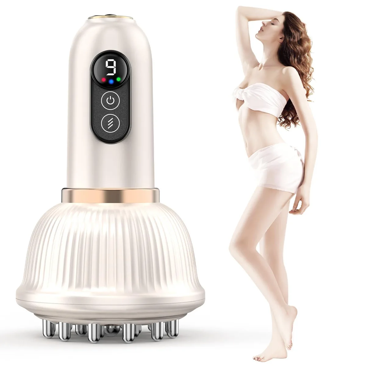 Blue handheld massager with white ABS body and curved grip