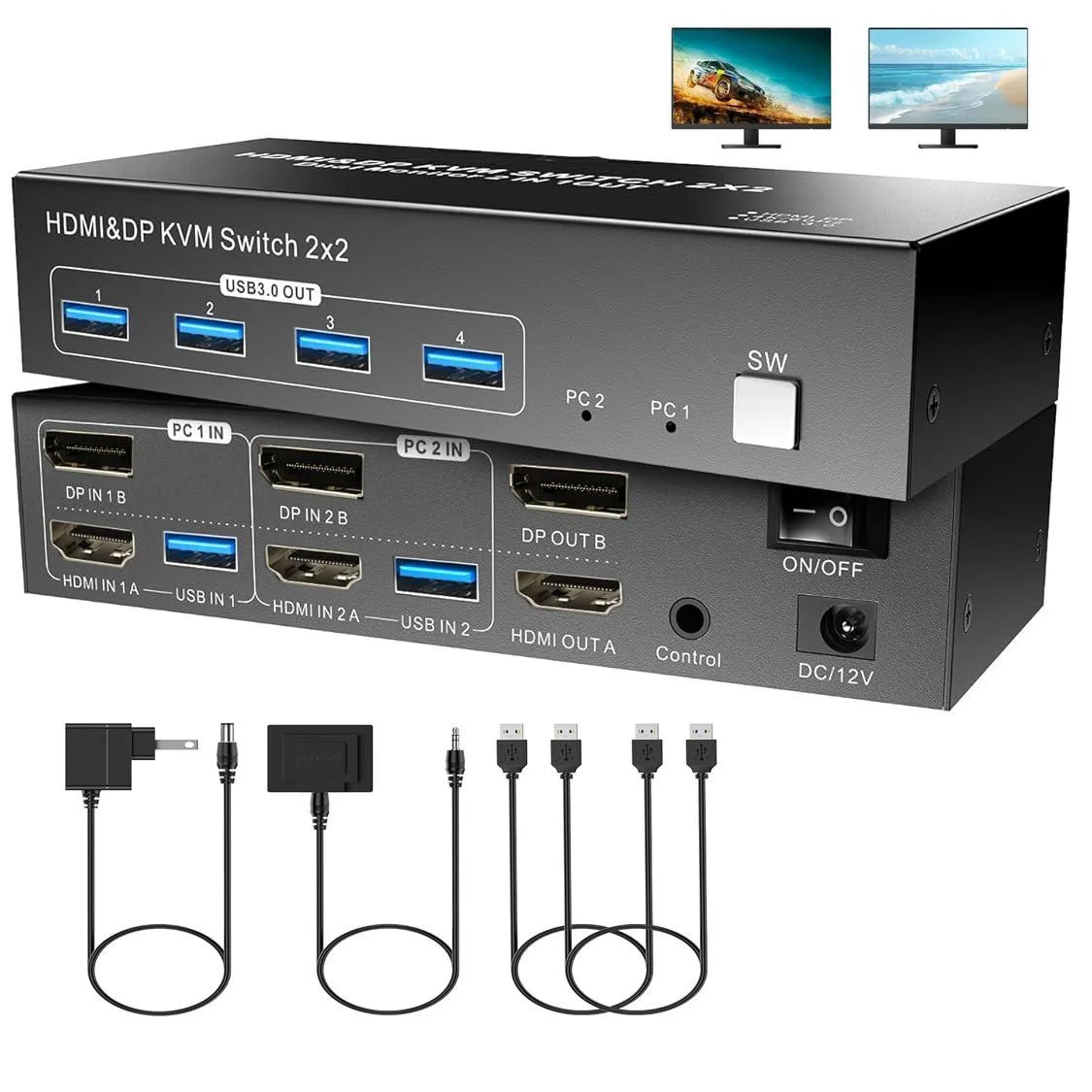 WRIARICH WRIARICH Dual Monitor HDMI DisplayPort KVM Switch 2 PC 4K 60Hz 4 USB 3.0 Wired Remote — product photo