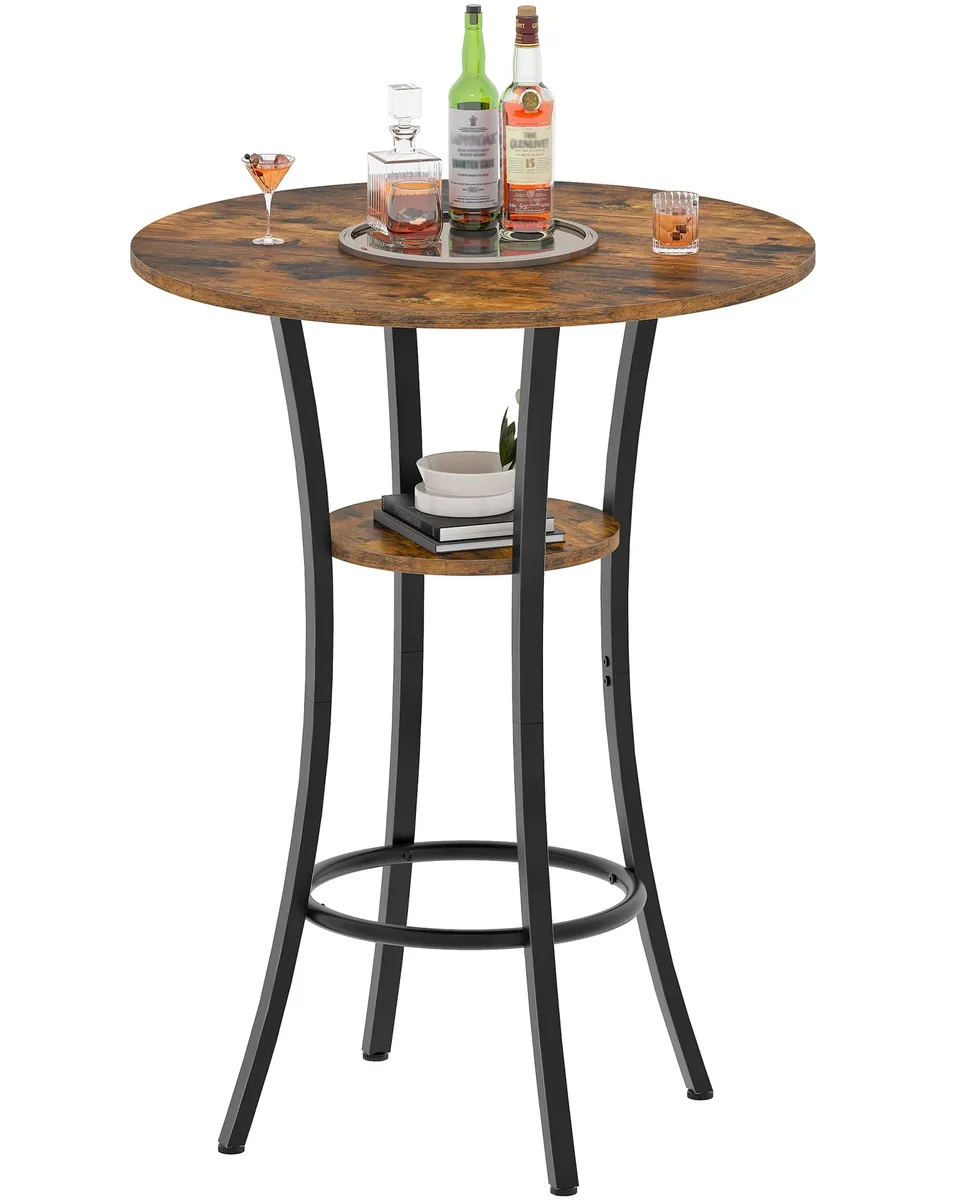 Round rustic-brown tabletop on curved black metal frame with lower shelf and footrest