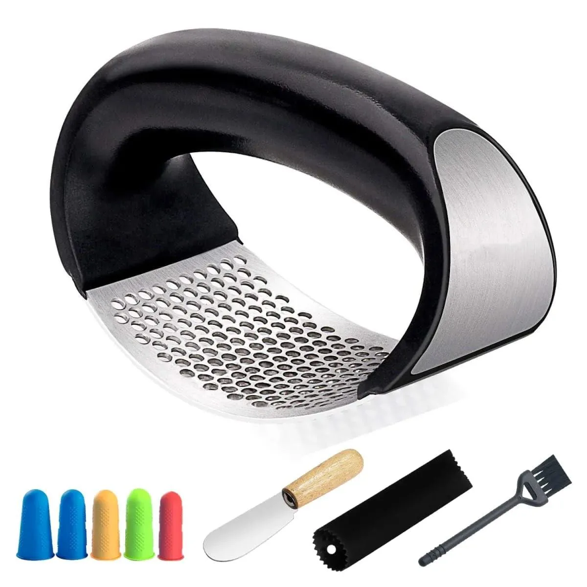 Stainless steel garlic press with curved handles and orange silicone finger protector