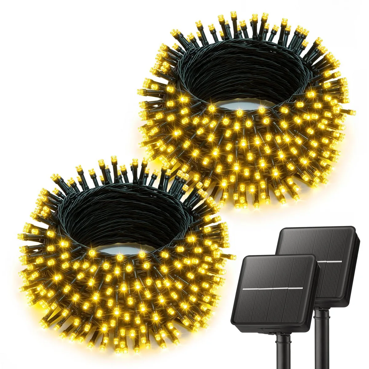 Two coiled warm-white LED string light sets with solar panel and ground stake