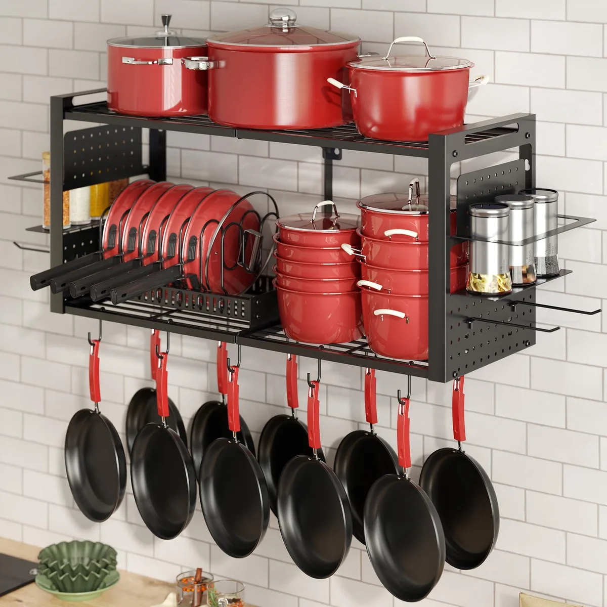Red two-tier wall-mounted pot rack with spice shelf, pan organizer and twenty S-hooks