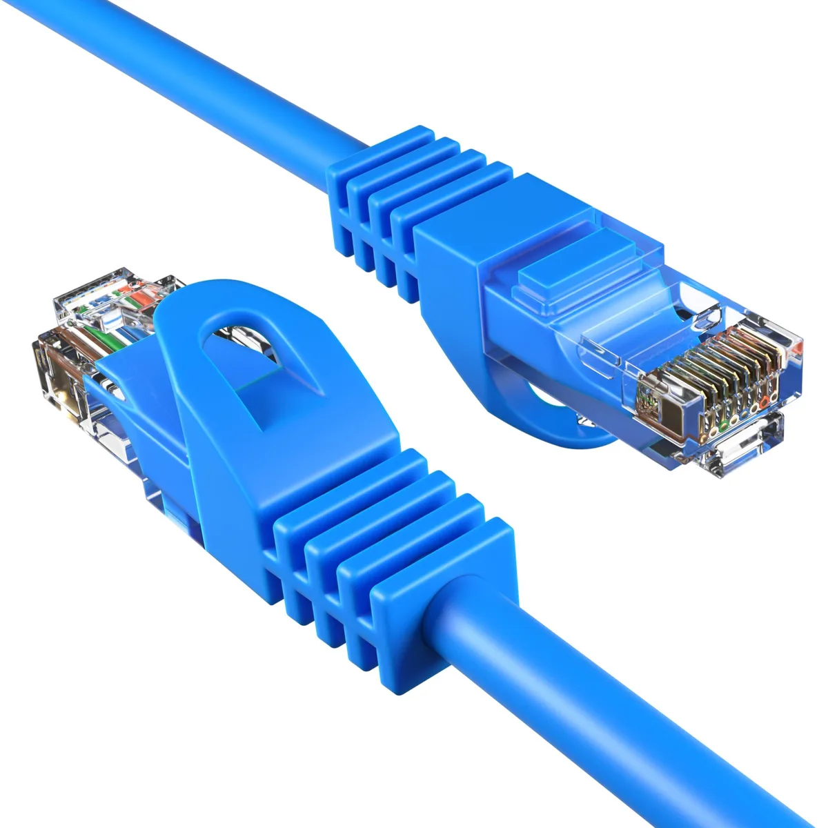 Blue Cat6 Ethernet patch cable with snagless RJ45 connectors, 20 ft length