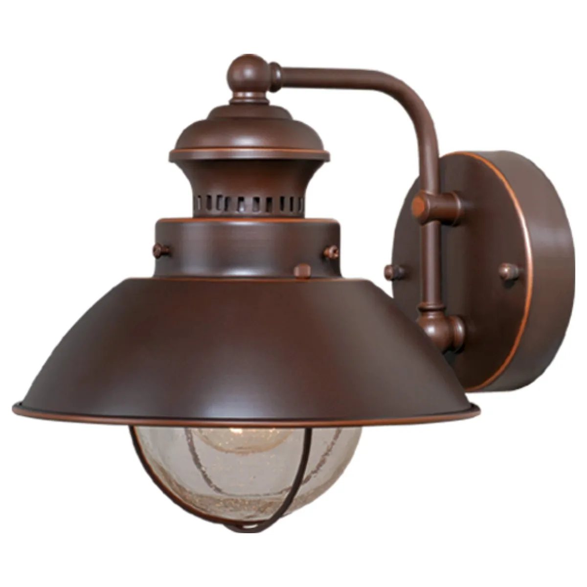 Traditional nautical lantern style outdoor wall sconce in burnished bronze with seeded glass