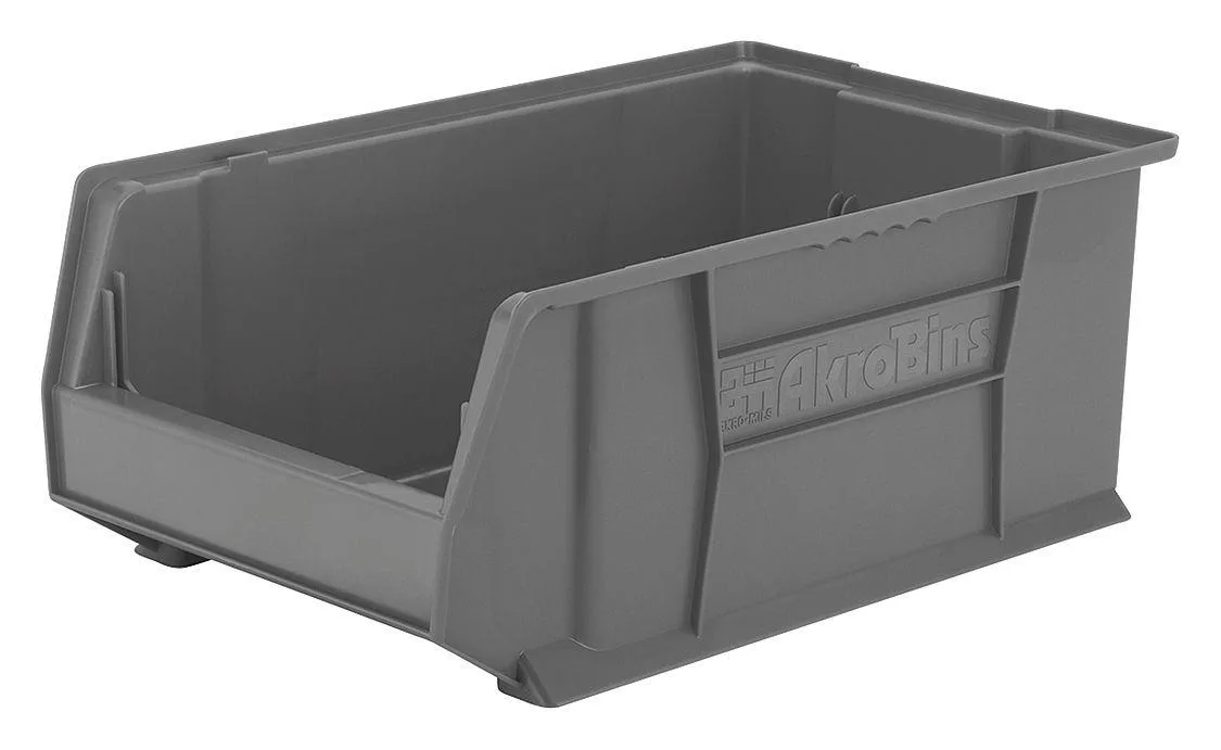 Gray industrial polymer hopper bin with open front and three divider slots