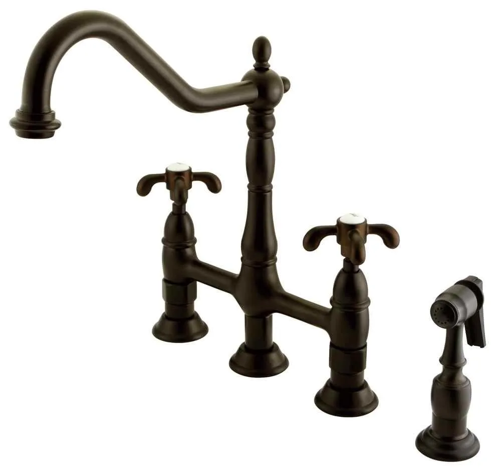 Double-handle centerset kitchen faucet in oil-rubbed bronze with brass side sprayer