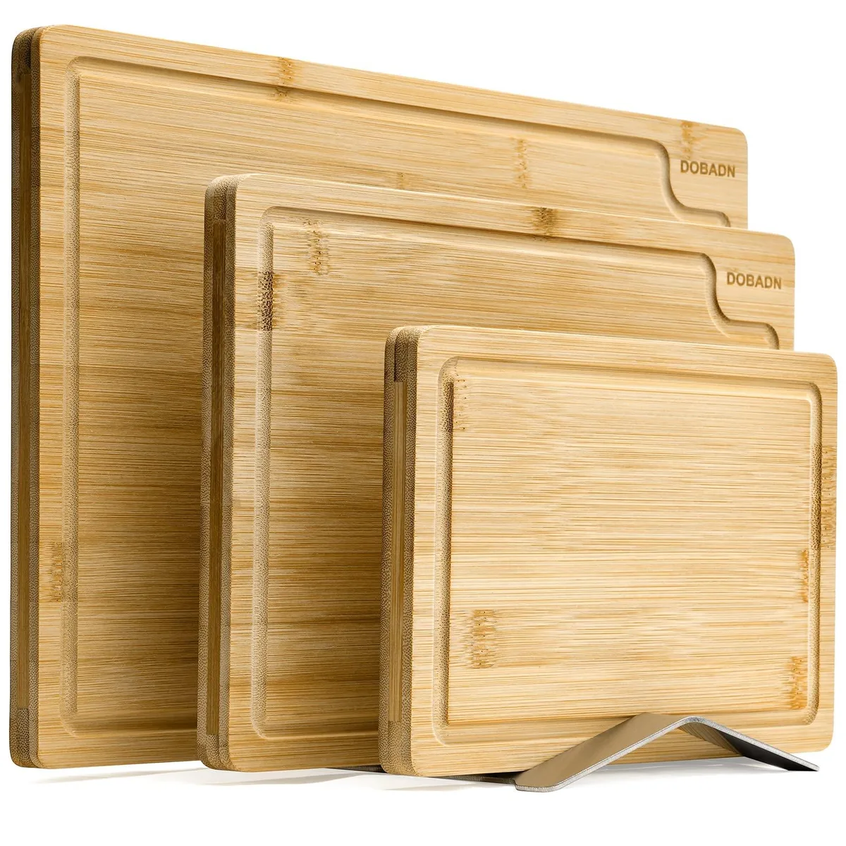  DOBADN Bamboo Cutting Board Set 3 Piece 15x10x.6 12x8x.6 9x6x.6 with Juice Groove Stainless Steel Holder — product photo