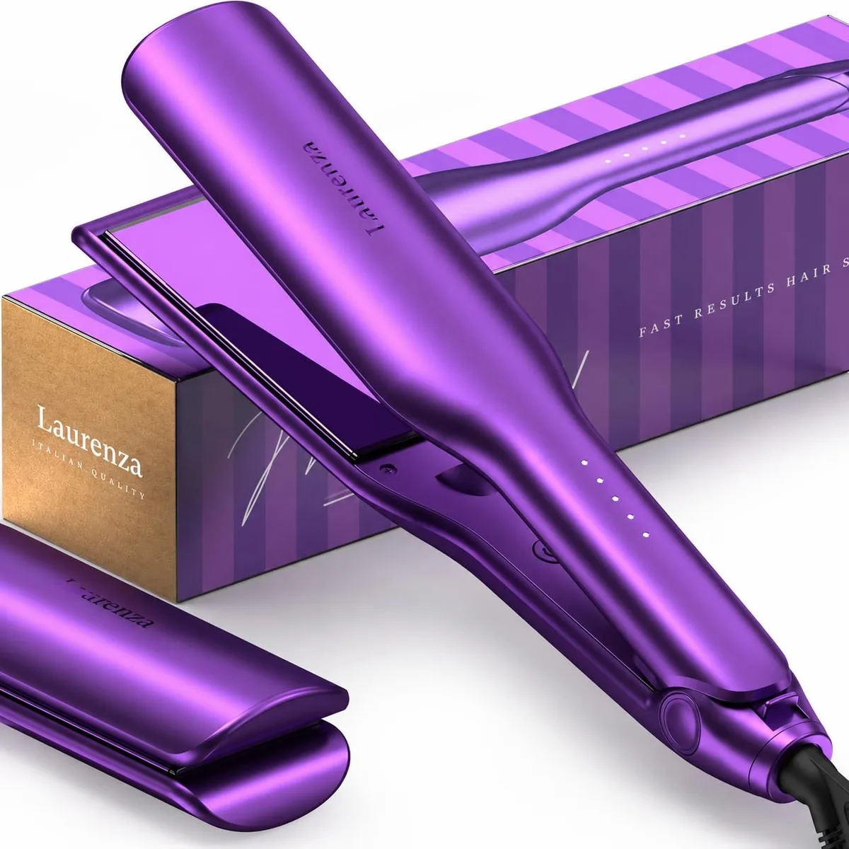 Purple flat iron with wide ceramic plates, 13.6 inches long