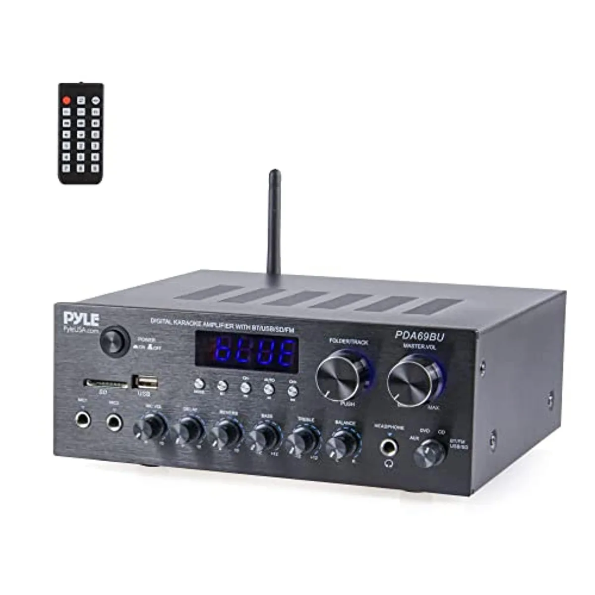 Compact silver metal stereo amplifier with front knobs and display