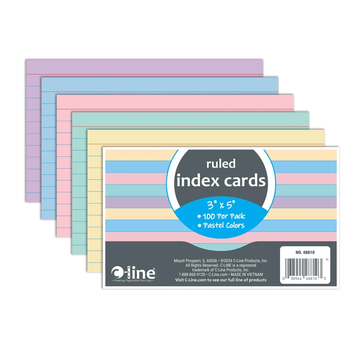 Stack of 100 ruled index cards in assorted pastel colors, 3 by 5 inches