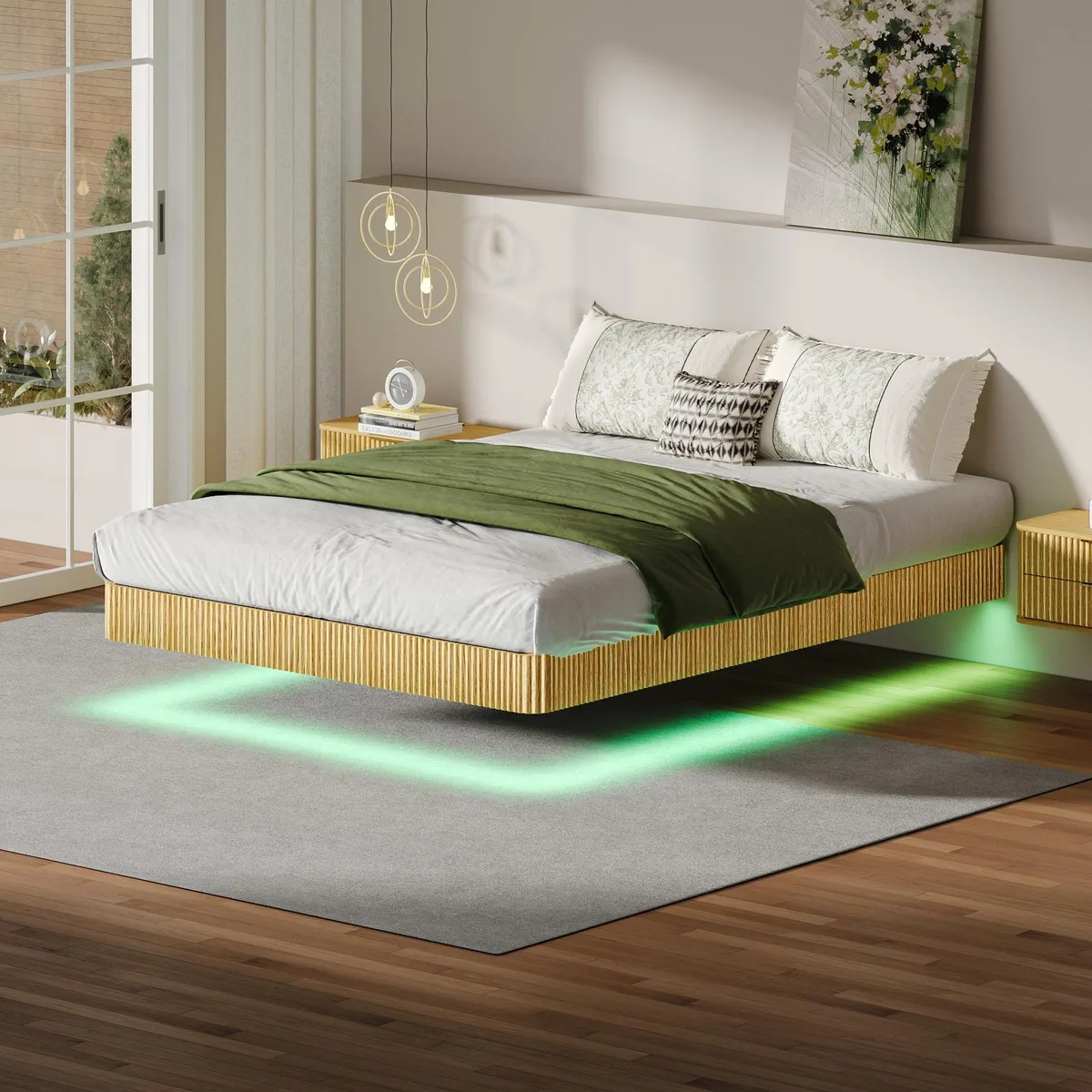 Oak queen floating bed frame with arc LED lighting and wave curve wood texture
