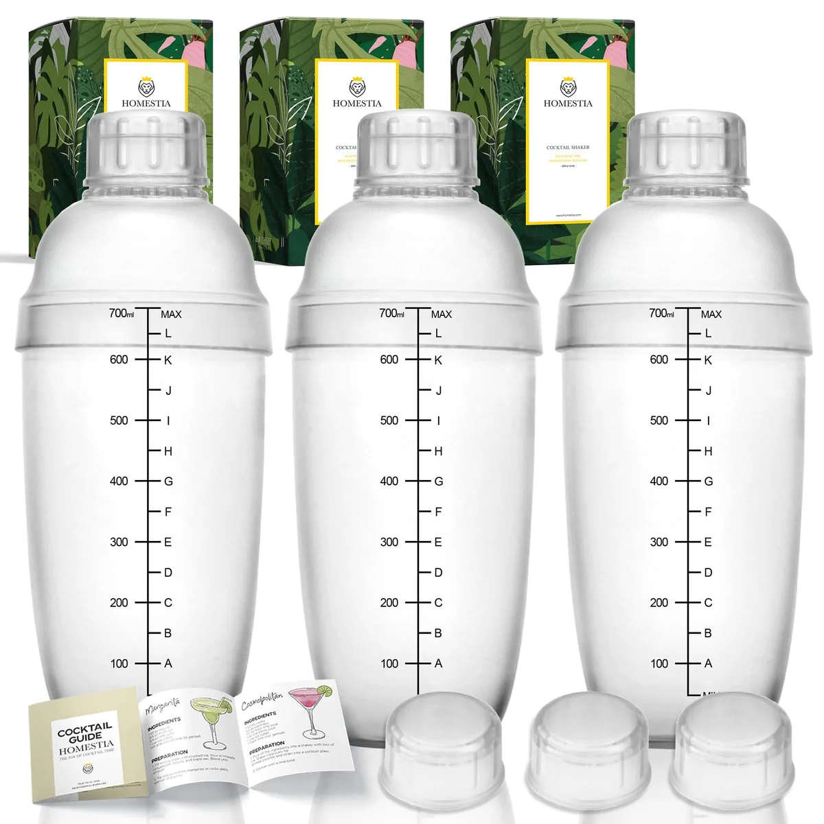 Three clear 700ml plastic cocktail shakers with frosted matte grip and black measurement markings