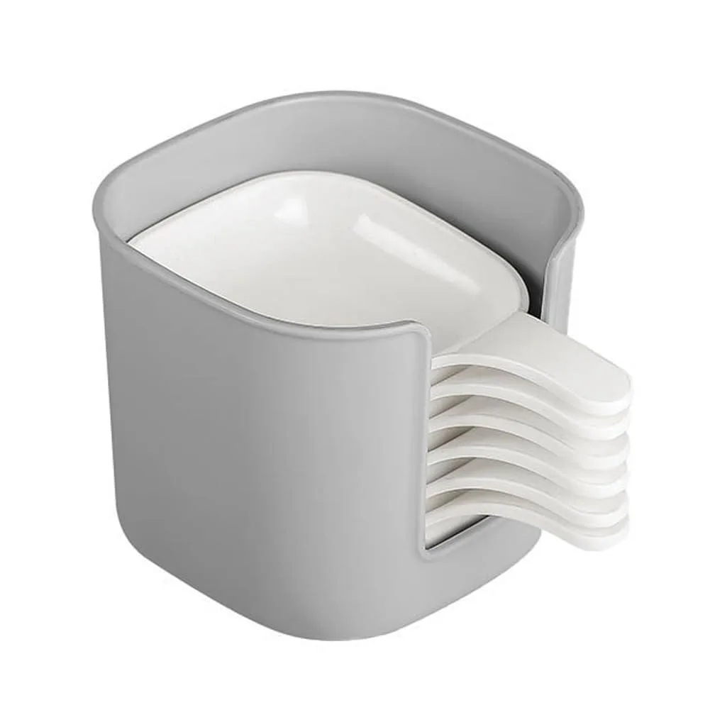 Six-piece white and grey plastic serveware set with handled dipping dishes and storage box