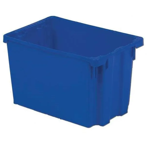 Red rectangular plastic storage bin with stacking ribs and hanging slots