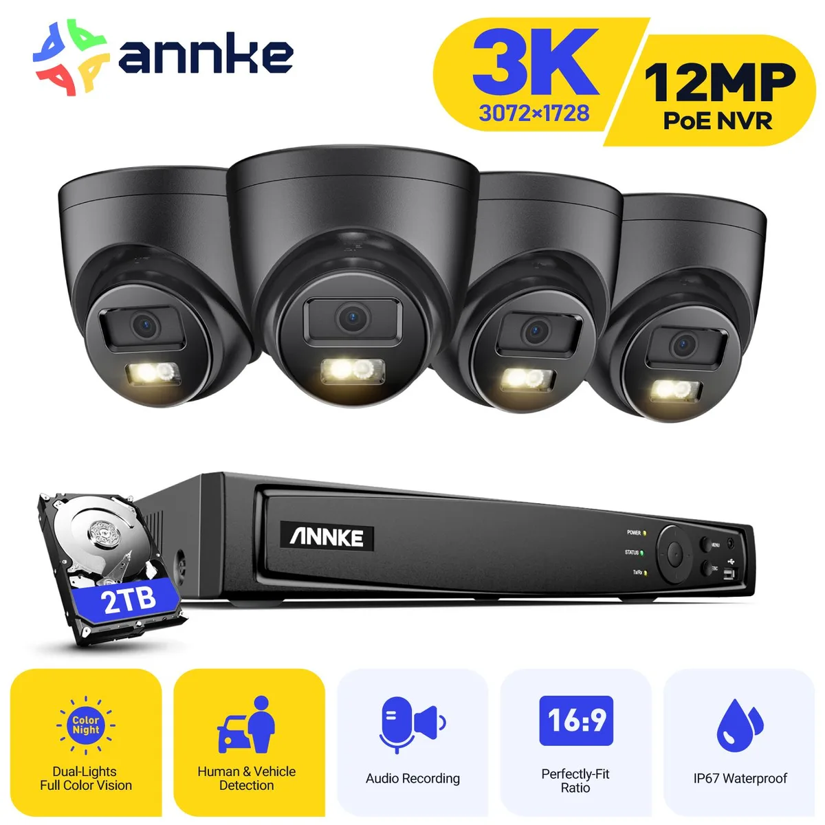 Annke Annke H.265+ 8CH PoE Surveillance Security System 12MP NVR 4x3K AI Human/Vehicle Built-in Mic 2TB — product photo