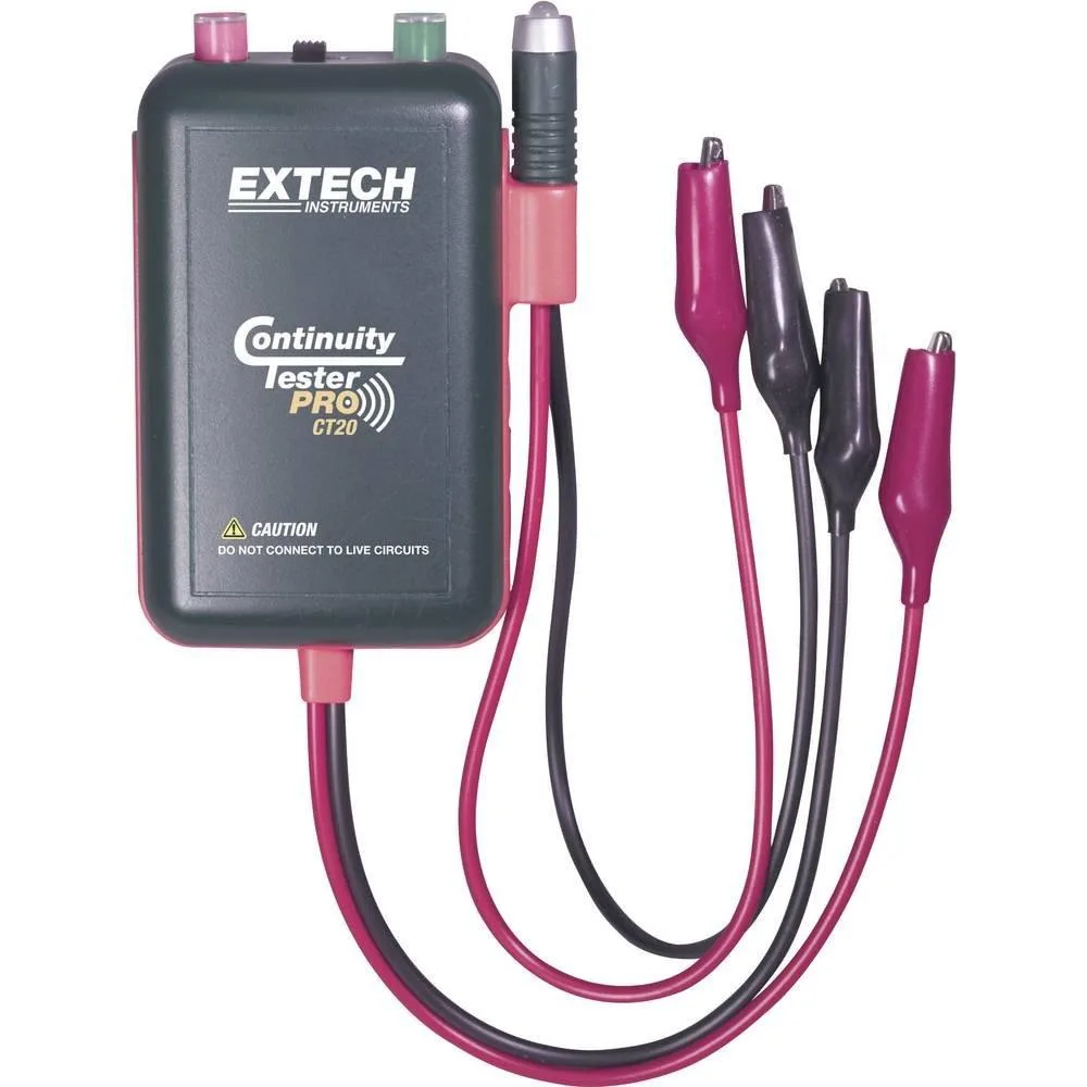 Yellow handheld tester with detachable remote probe and alligator clips in carry case