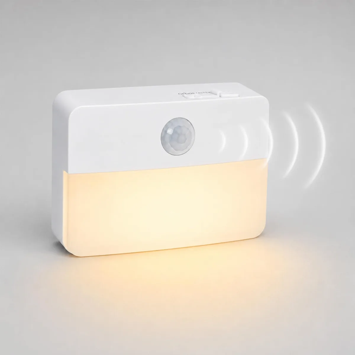 Small orange plastic cube LED night light with motion sensor and pull chain switch