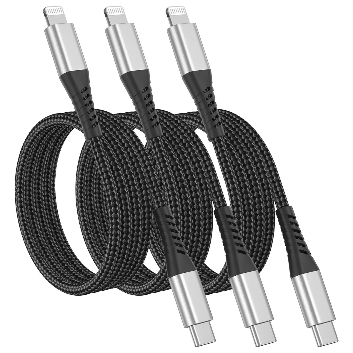 Three black nylon-braided USB-C to Lightning cables, each three feet long