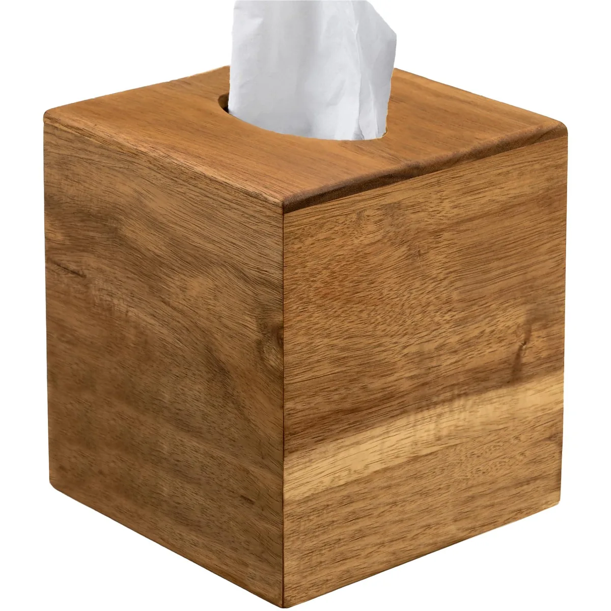 Square acacia wood tissue box holder with slide-out magnetic bottom, 5.5 by 5.5 by 6.1 inches
