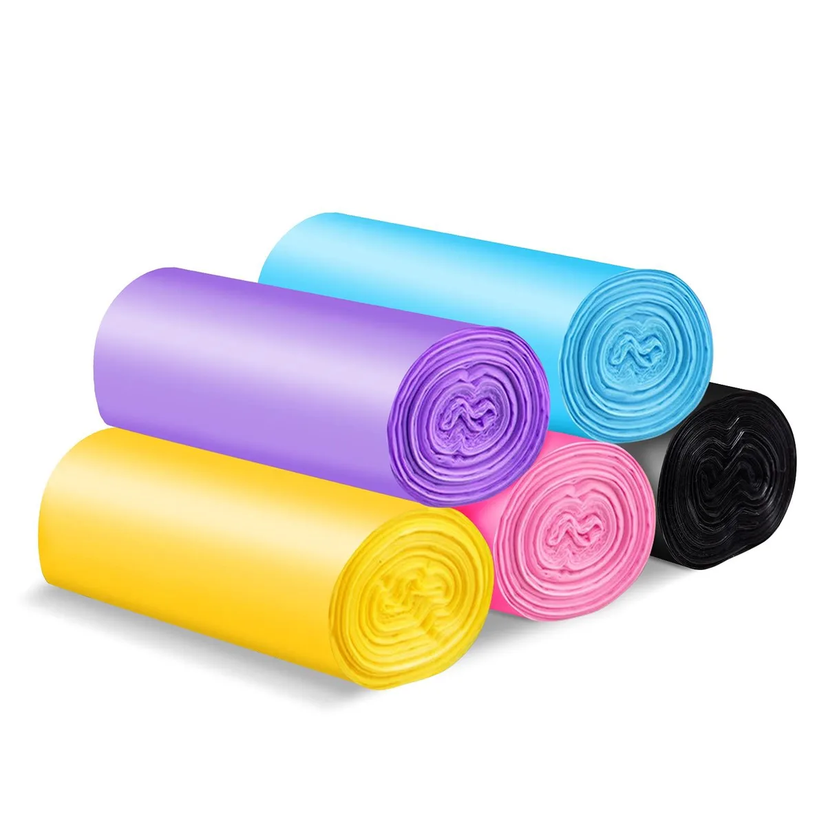 Pack of five rolls of small multicoloured plastic garbage bags, 150 count total