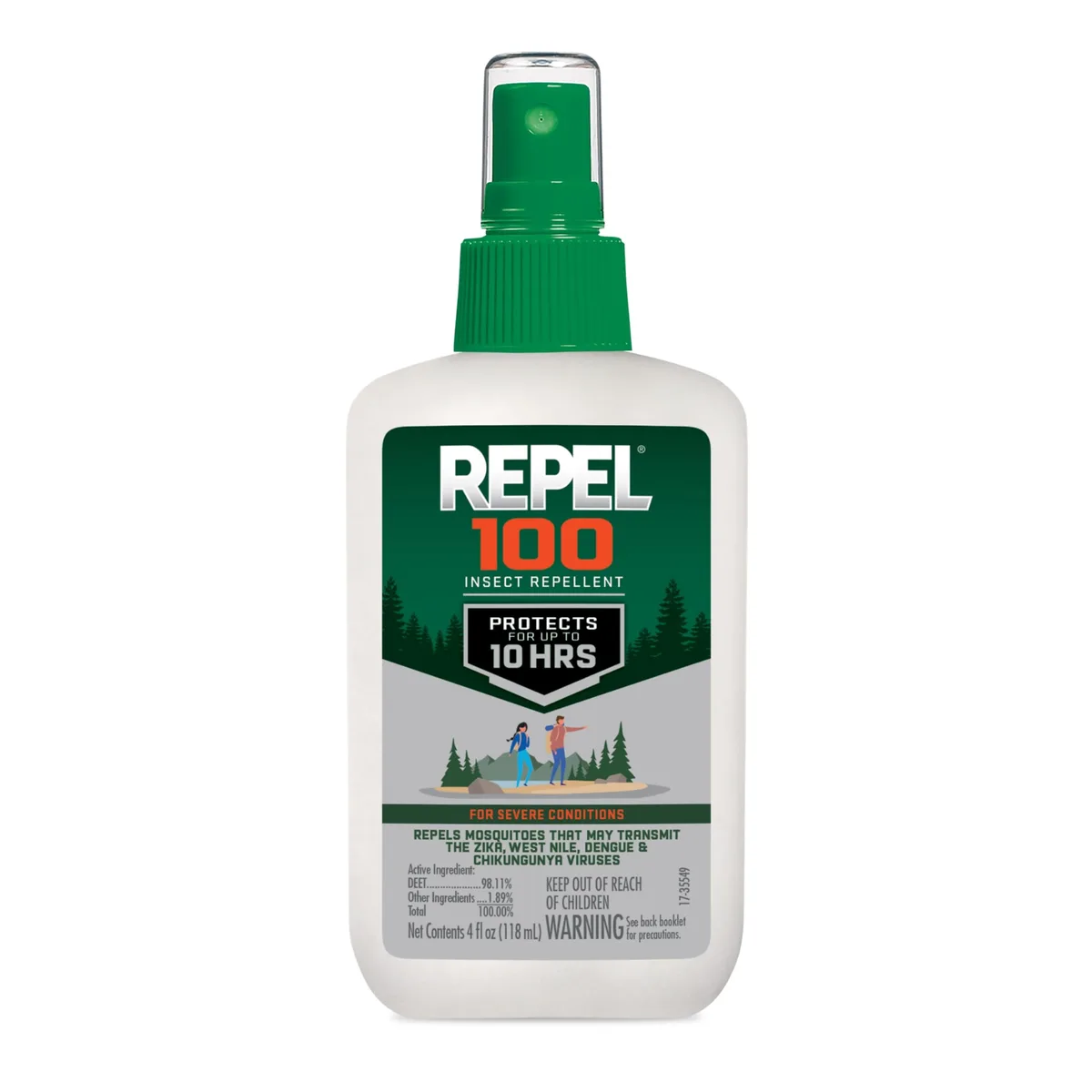 A small white pump-spray bottle with a green label, 4oz insect repellent