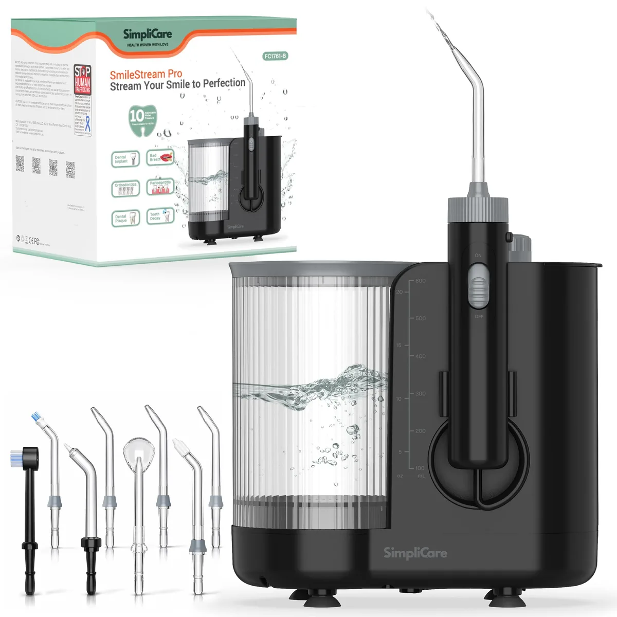  SimpliCare FC1761-B Water Flosser 10 Levels 21-160 PSI 20.3oz 8 Tips Black — product photo