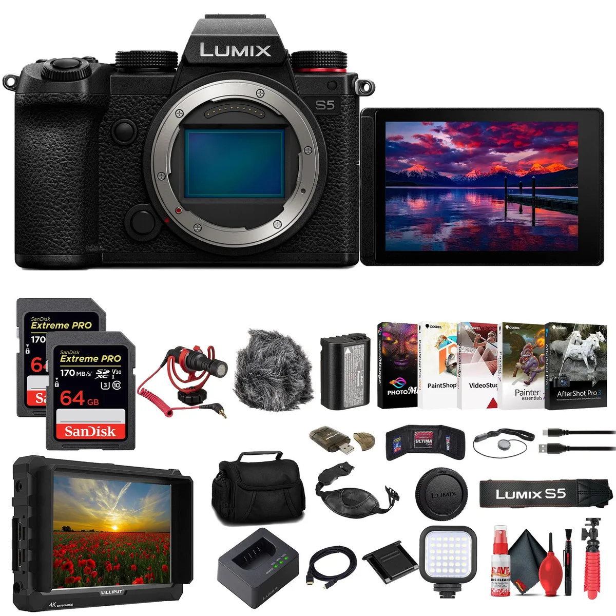 Panasonic Panasonic Lumix S5 Mirrorless Camera Kit with Lilliput A7S 7" Monitor, 2x 64GB Cards &amp; Accessories — product photo