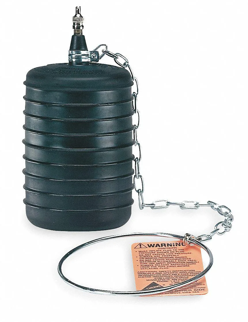 Yellow rubber pneumatic test ball plug with tire valve and tether chain