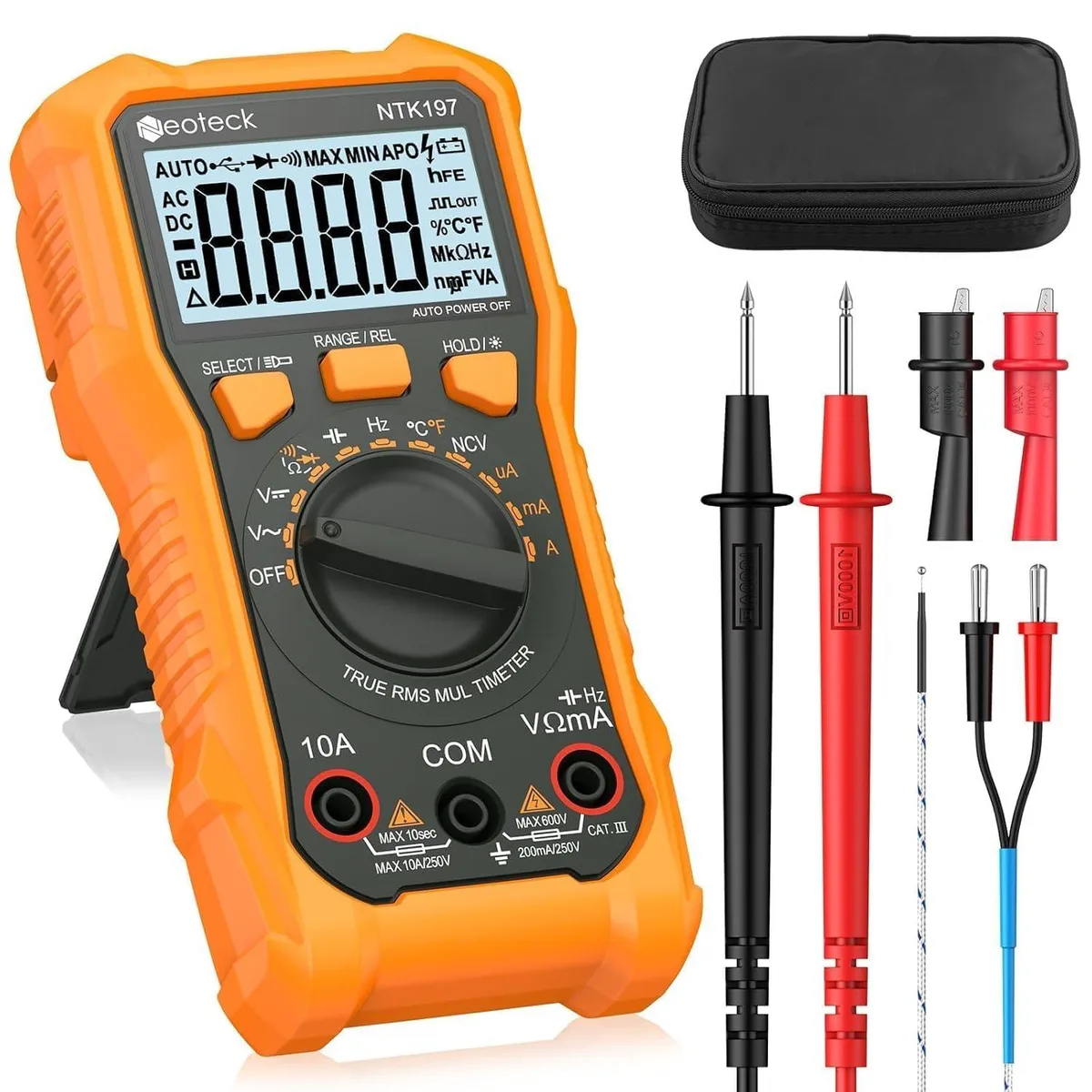 Yellow handheld clamp multimeter with LCD screen and test leads