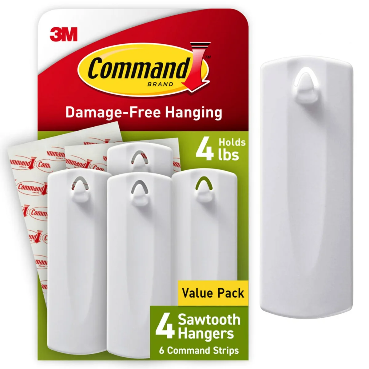 White plastic sawtooth hangers and rectangular adhesive strips in clear packaging
