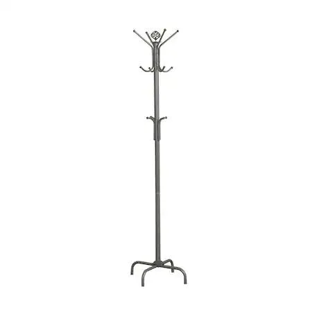 Silver metal free-standing coat rack with 12 hooks on double tier and wide base