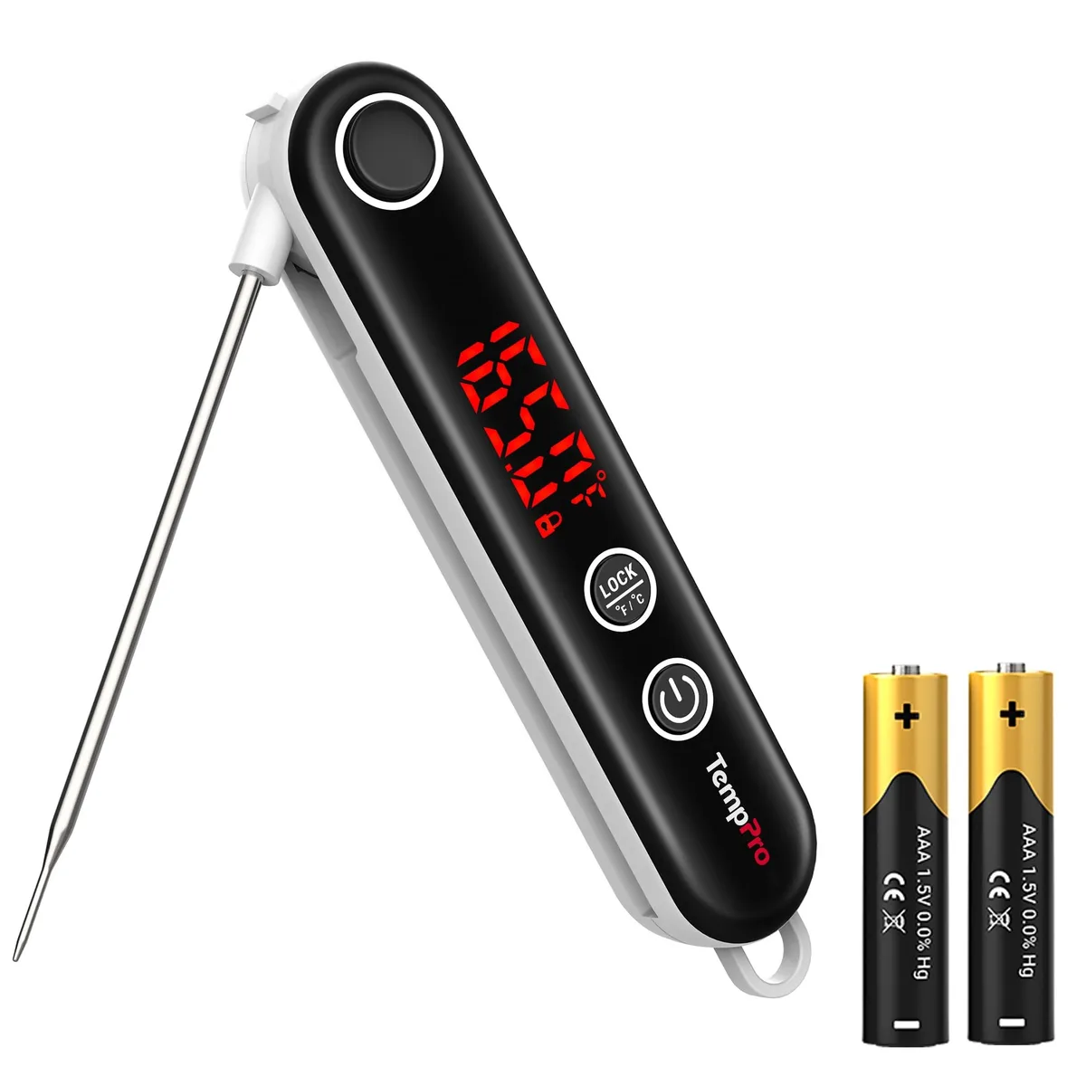Black digital thermometer with fold-out metal probe, magnetic back and backlit display