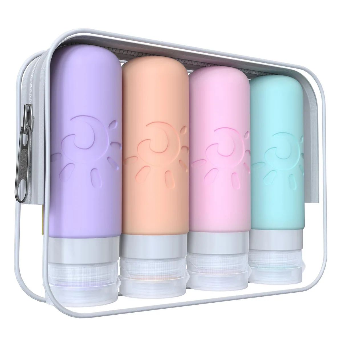 Four opaque round silicone bottles in multiple colours with wide mouths and flip caps inside a clear zippered bag