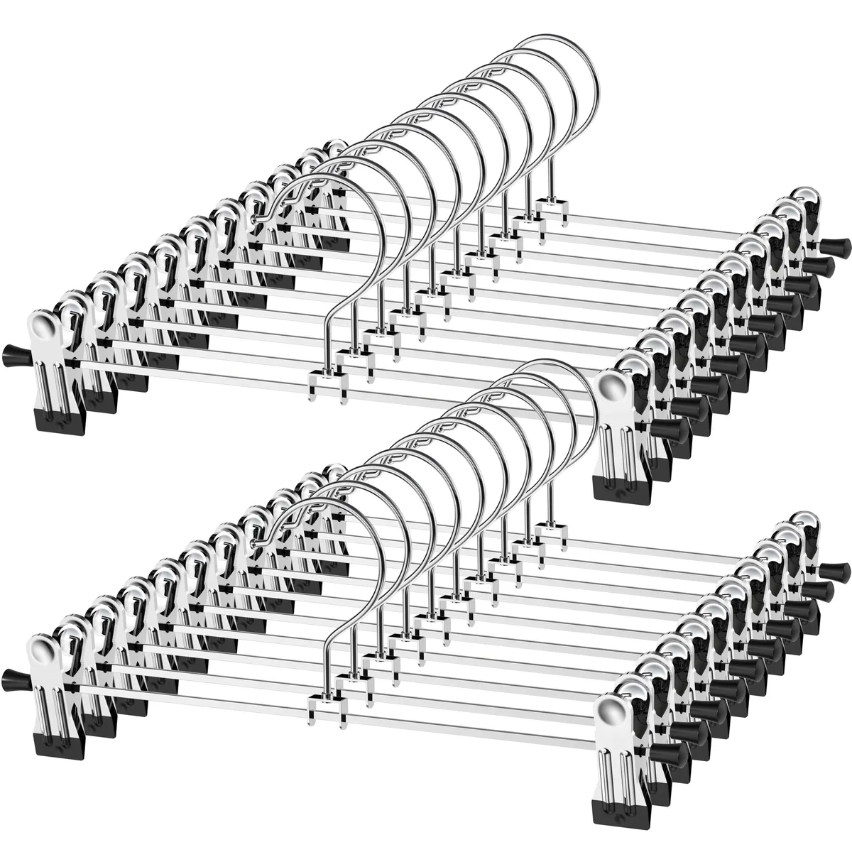 Twenty silver metal hangers with black rubber-coated adjustable clips in a pack