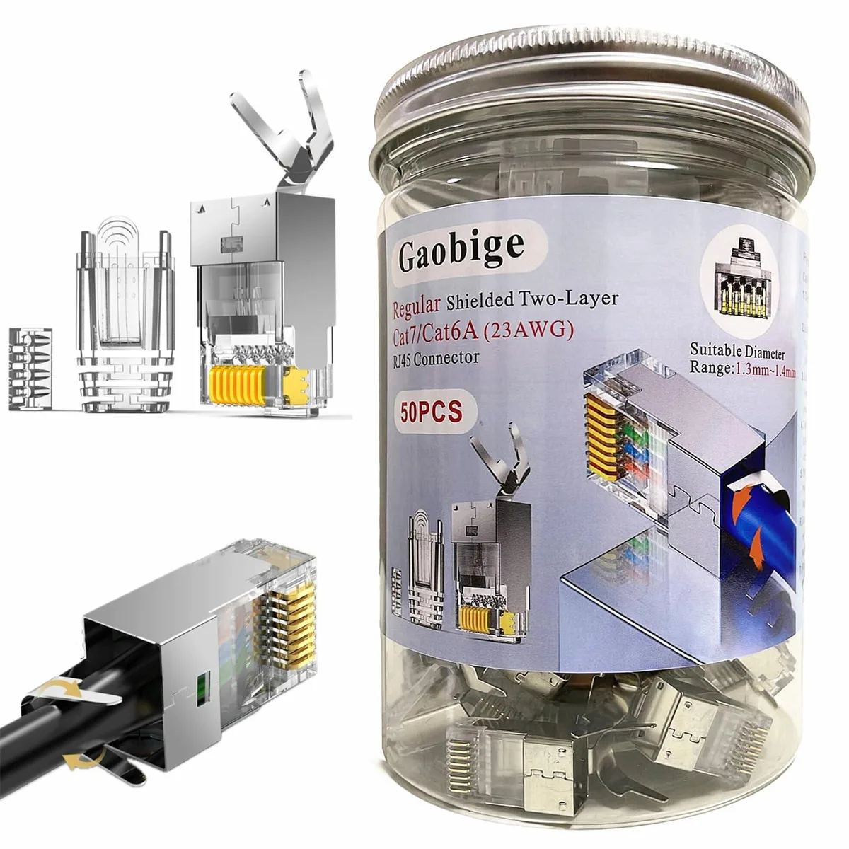KEHIPI KEHIPI 50-Pack Cat7 Cat6A RJ45 Shielded Connectors 23AWG — product photo